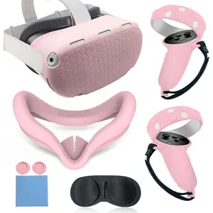 Cover Set Compatible with Oculus/Meta Quest 2 Accessories,Includes Controller Grips Button Caps &  Cover, Shell Cover, Lens Cover, for Quest 2_Pink