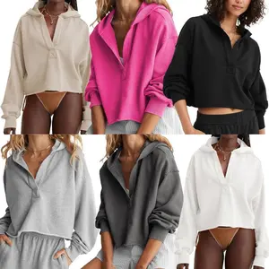 WomenCroppedHoodieVNeckPatchworkBaggyShirtsLightweightWorkoutPreppyPulloverHoodedSweatshirt