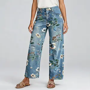 Trendy Women's Vintage Floral Printed Straight Wide Leg Denim Pants for Spring Autumn Daily Work Casual Loose Fit Jeans Comfort Stretchy