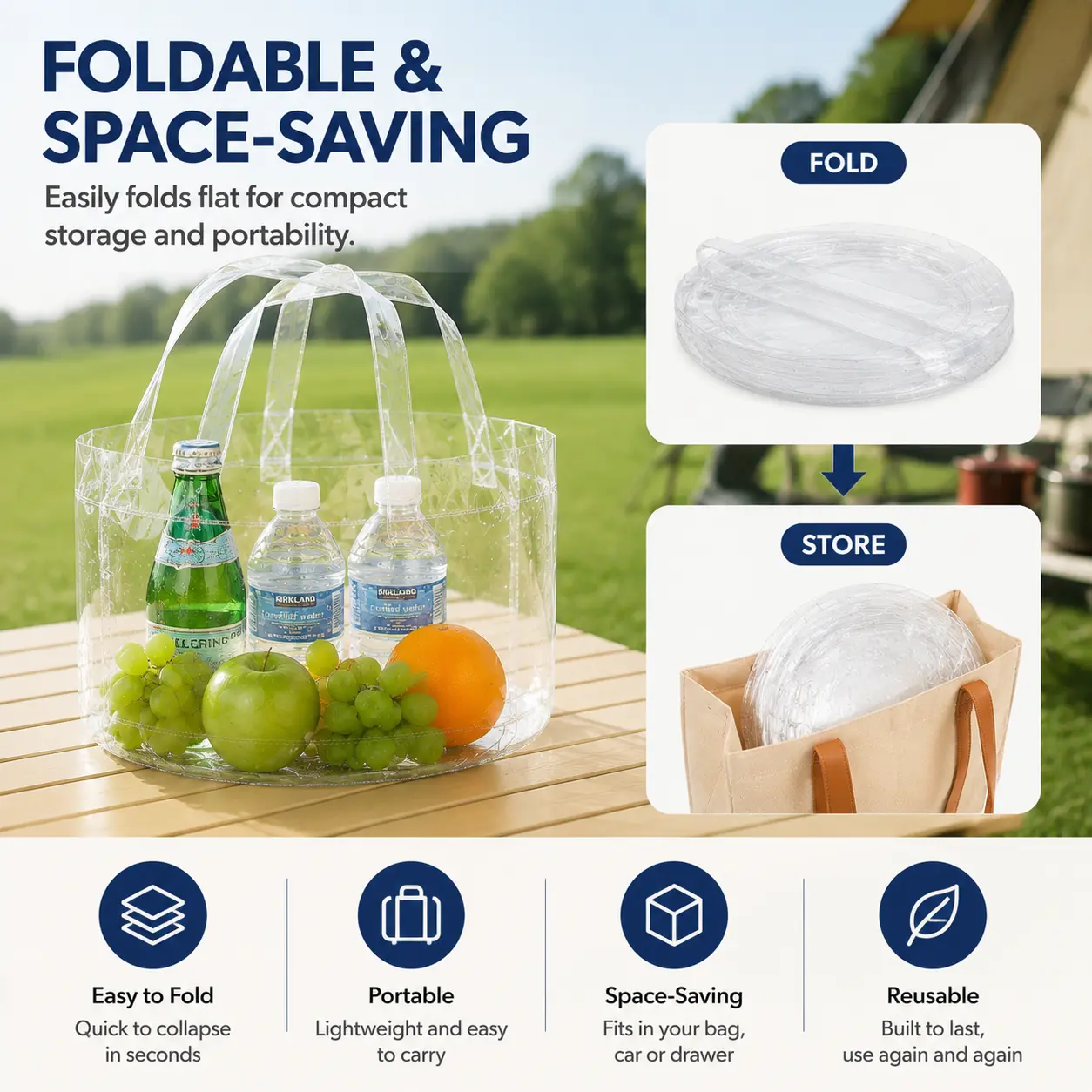 2Pcs Clear Collapsible Tote Bag, Foldable Waterproof Storage Basket with Strong Handles, Portable Organizer for Camping, Picnic, Beach, Travel & Home Use