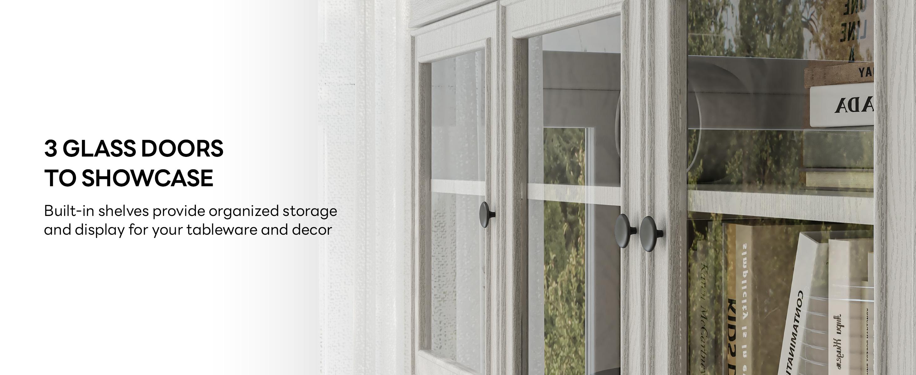 LIKIMIO 74.8" Cabinet with Glass Doors, Tall Kitchen Pantry, Storage Cabinet with Microwave Stand, 4 Adjustable Shelves, Wine & Glass Station, Modern Display Cabinet for Home Living Room