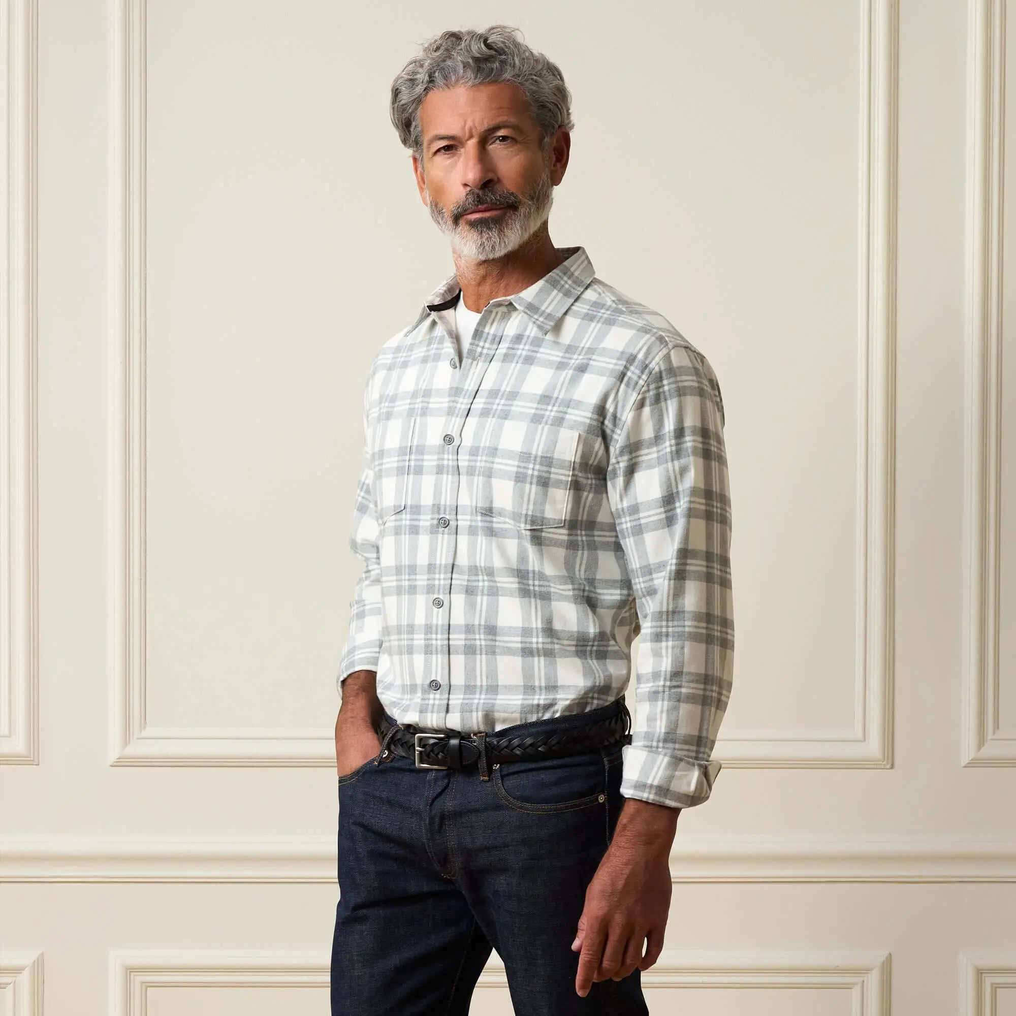 Long Sleeve Brushed Flannel Overshirt in White Plaid