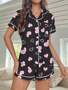Women's Heart Valentine Pajama Set, Short Sleeve Top & Shorts, Casual Fitted Sleepwear, All Seasons Home Wear, Nightwear Lounge Set