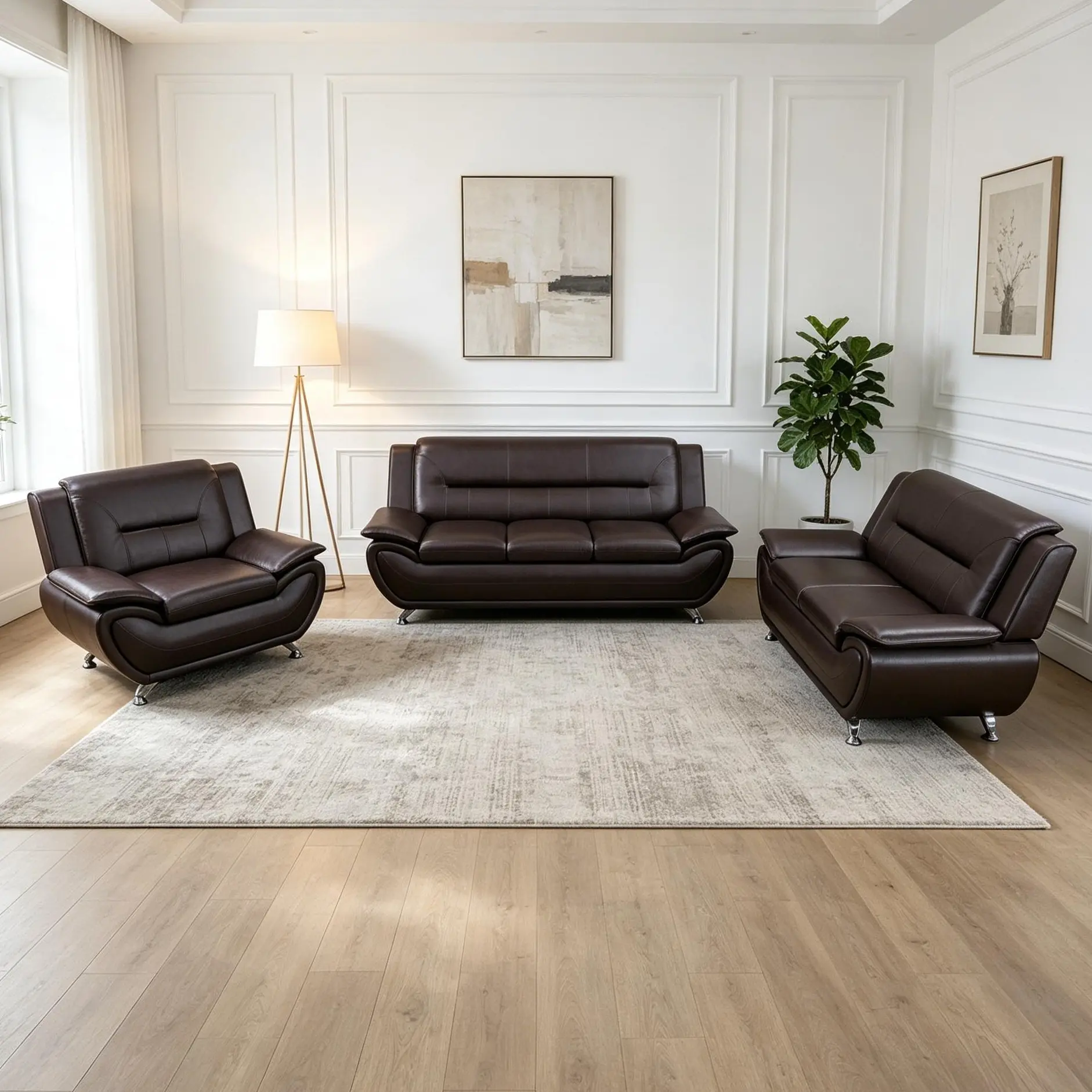Brown Faux Leather 3-Piece Family Sofa Set - Apartment-Size Comfy Couch with Fixed Arms, Breathable Material, Rustic Warm Charm, Supportive Durable Solid Structure, Assembly Required for Daily Use, Sturdy