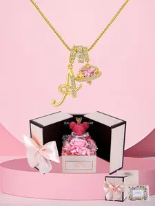 Initial Letter Heart CZ Necklace With Bear Rose Jewelry Gift Box, 18K Gold Plated CZ Birthstone Alphabet Necklace Gift, Christmas Anniversary Jewelry Gift for Wife Girlfriend, Birthday Gift for Daughter, Heart Shaped Necklace