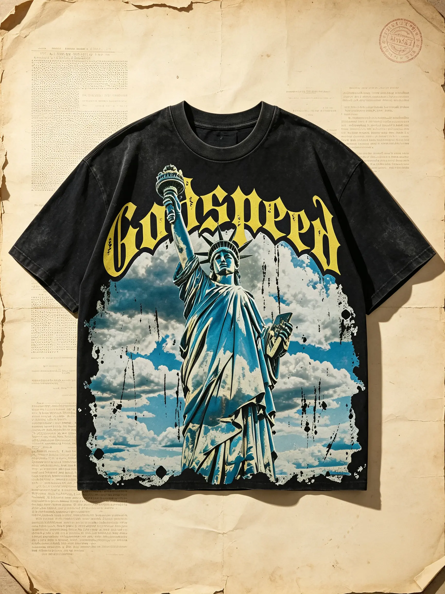 Godspeed Statue of Liberty Graphic Tee Oversized Heavyweight Cotton Streetwear T-Shirt Y2K Grunge Gothic Letter Print Top Casual Drop Shoulder Vintage Black Tee Men Women Unisex Retro Hip Hop Skater Tshirt Aesthetic Summer Outfit Trendy Band Merchandise