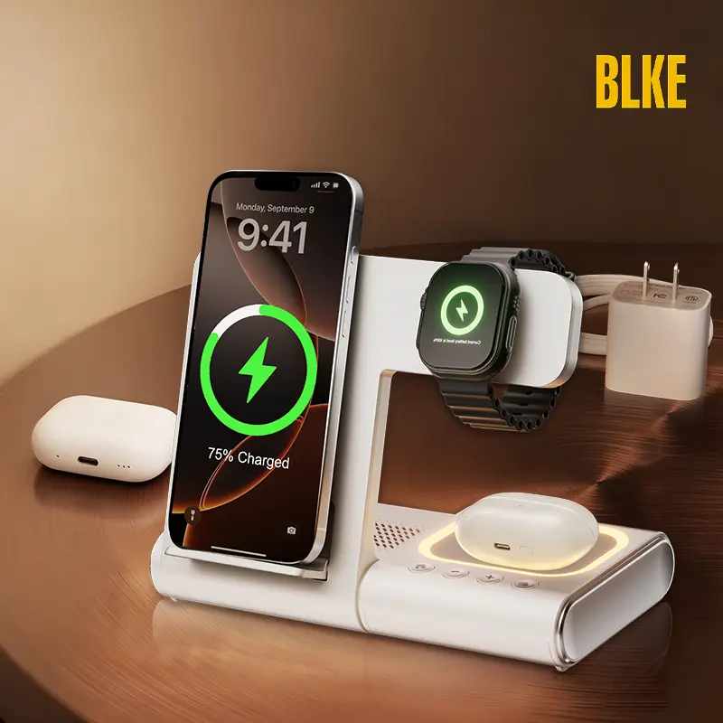 BLKE Bedside Charging Hub with Speaker Light: Foldable Wireless Station | Smart Bedside Lamp, Bluetooth Audio Gear, Varsity Student Room Decor