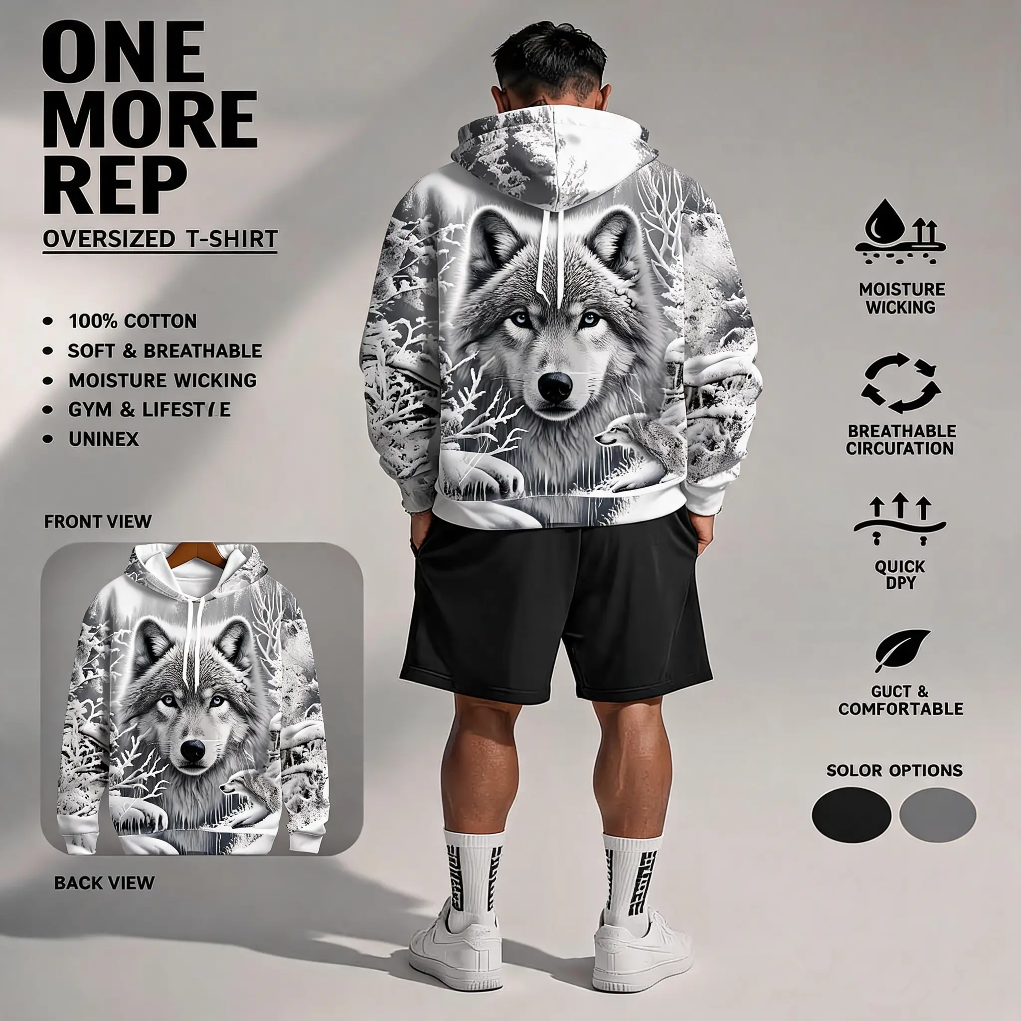 Men's Oversized Pullover Hoodie, 3D Snow Wolf Graphic Print Hooded Sweatshirt, Soft Breathable Long Sleeve Casual Streetwear for Daily Gym Outdoor