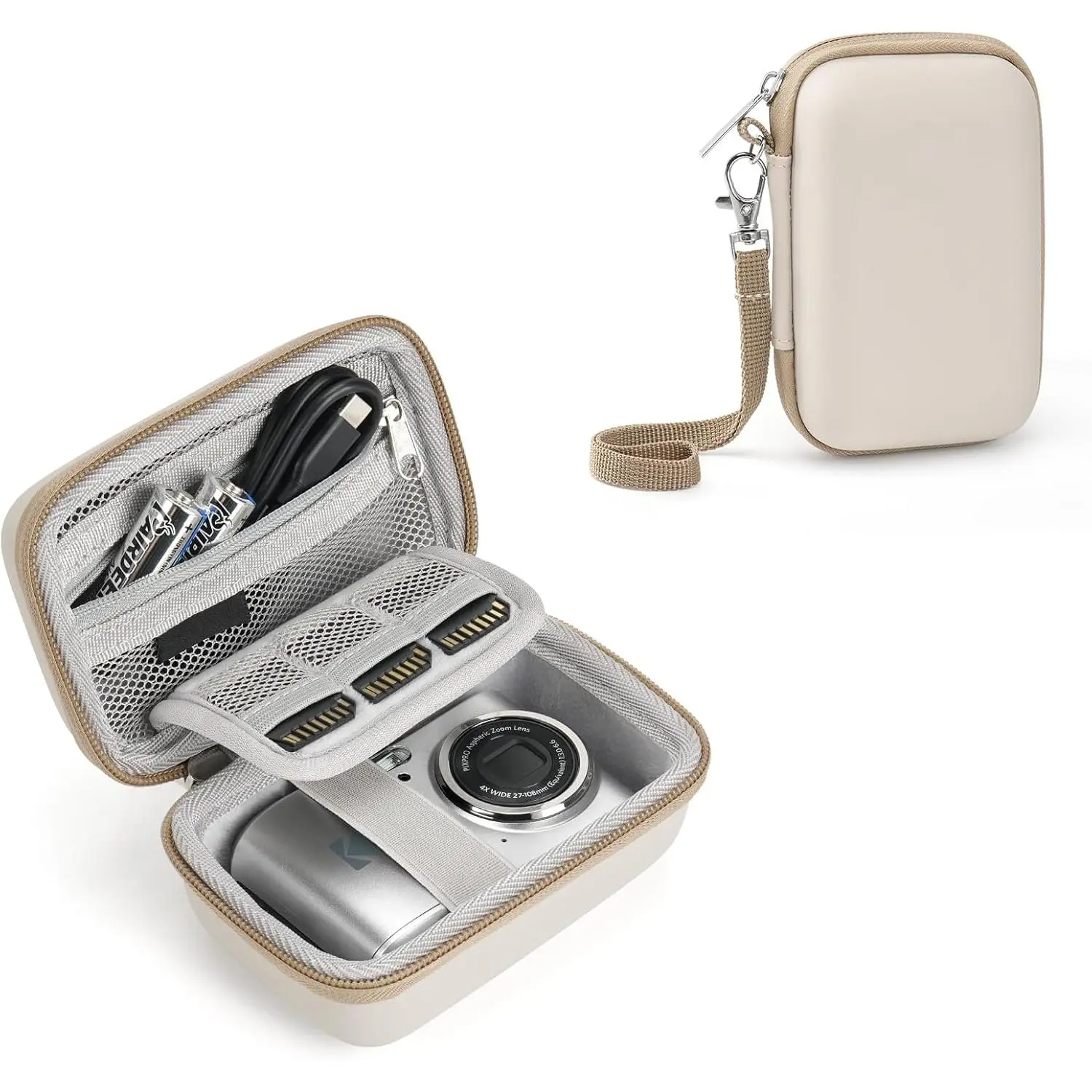h-54 Digital Camera Case Fit for KODAK PIXPRO FZ45/FZ55/ CAMKORY/STUOGYUM DC402-AF/Canon IXUS, Storage Travel Carry Case with 3 SD Card Slots for Camera, Batteries, SD Card, Beige