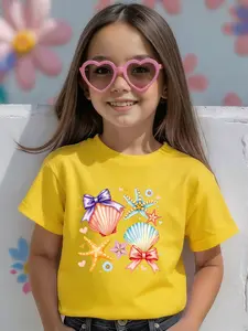 Girls' Shell Star Bow Graphic Tee, Casual Slim-Fit Round Neck Short Sleeve Top, Versatile Party & Daily Wear, Casual Tee Tops, Perfect Gift