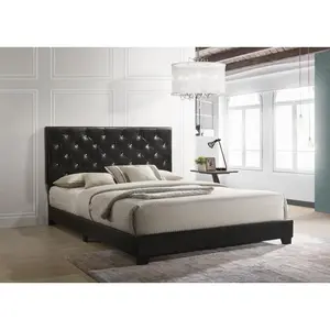 Modern PU Leather Upholstered Platform Bed Frame with Tall Padded Headboard, Tufted Panel, Strong Wooden Slats, No Box Spring Needed, Easy Assembly, Black