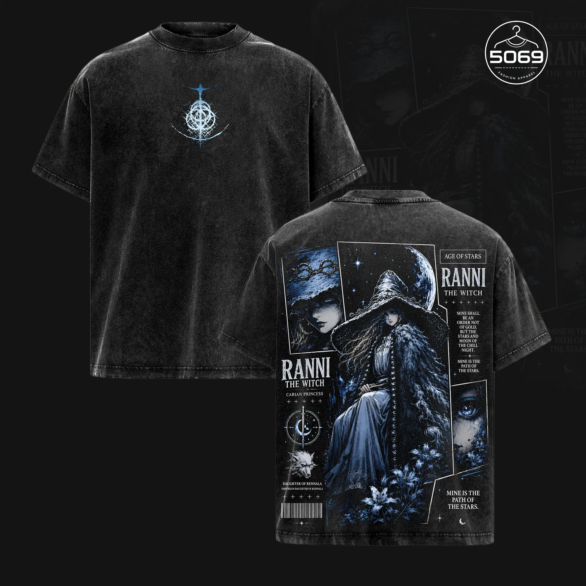 Elden Ring Ranni the Witch Vintage Washed T-Shirt Dark Moon Gaming Graphic Tee Dark Fantasy Streetwear