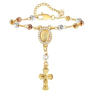 Women's Virgin Mary Bracelet Necklace 14 k Gold Plated Rosary Beads Cross Bracelets Necklace Stack,Hypoallergenic Non Tarnish Religious Rosarios Catolicos Virgen de Guadalupe Jewelry,Catholic Baptism Gifts for Her