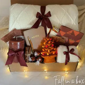 Fall in a Box Gift Set – Blanket, Mug, Candle, Notebook, Socks, Chocolate & Autumn Decor | Cozy Fall Gift Basket, Thanksgiving Care Package, Birthday Present, Corporate Employee or Teacher Appreciation, Seasonal Gift for Women, Men, Friends, Staff