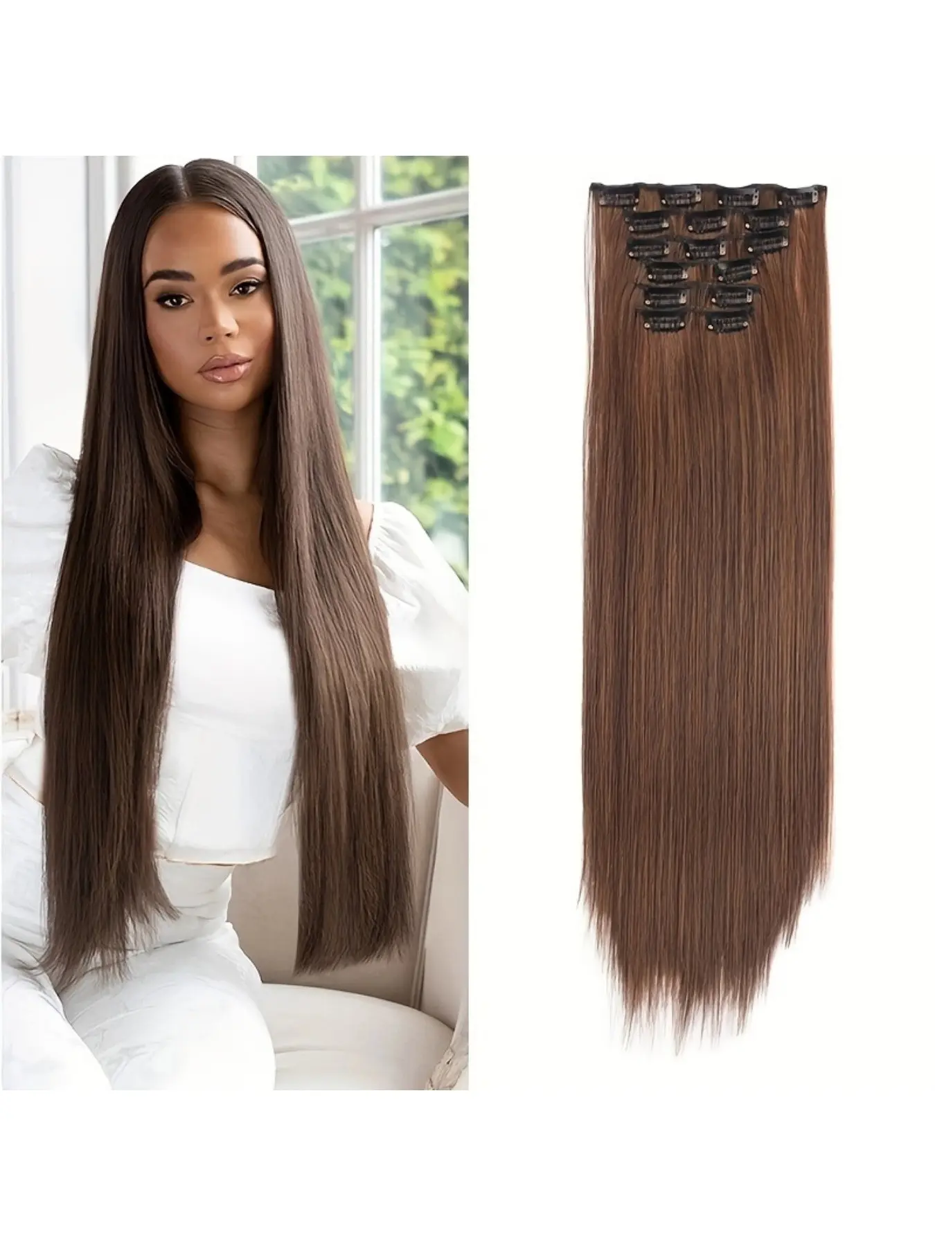 Synthetic Fiber Hair Extension, 24-Inch Straight Heat-Resistant Fiber, Medium Length Wig, All Seasons, No Trace Attachment, Synthetic Extensions
