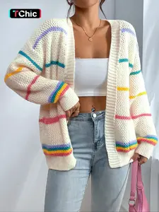 Women's Striped Print Open Front Cardigan, Casual Drop Shoulder Long Sleeve Pocket Cardigan for Fall & Winter, Ladies' Knit Clothing for Daily Wear