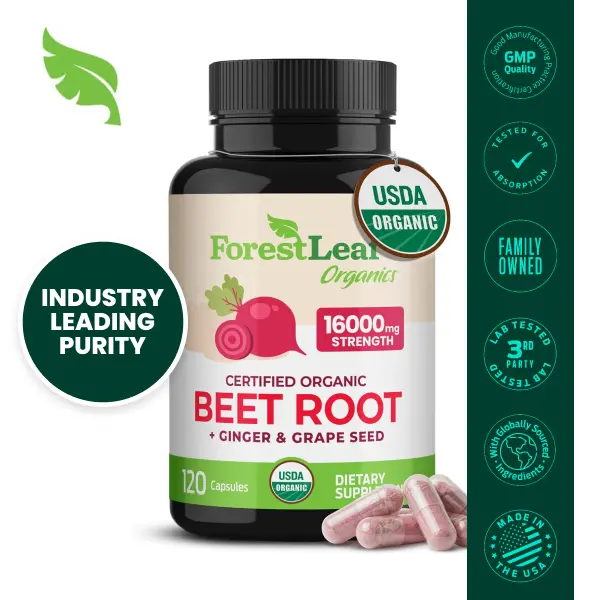 ForestLeaf Organic Beet Root Capsules 1000mg with Ginger & Grape Seed, 20:1 Beetroot Extract, Energy & Circulation Support, 120 Count ForestLeaf Organic Beet Root Capsules 1000mg with Ginger & Grape Seed, 20:1 Beetroot Extract, Energy & Circulation Support, 120 Count