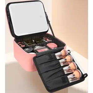 Portable Travel Makeup Organizer with LED Mirror 3 Color Brightness Adjustable Waterproof Cosmetic Bag for Women Removable Dividers Pink