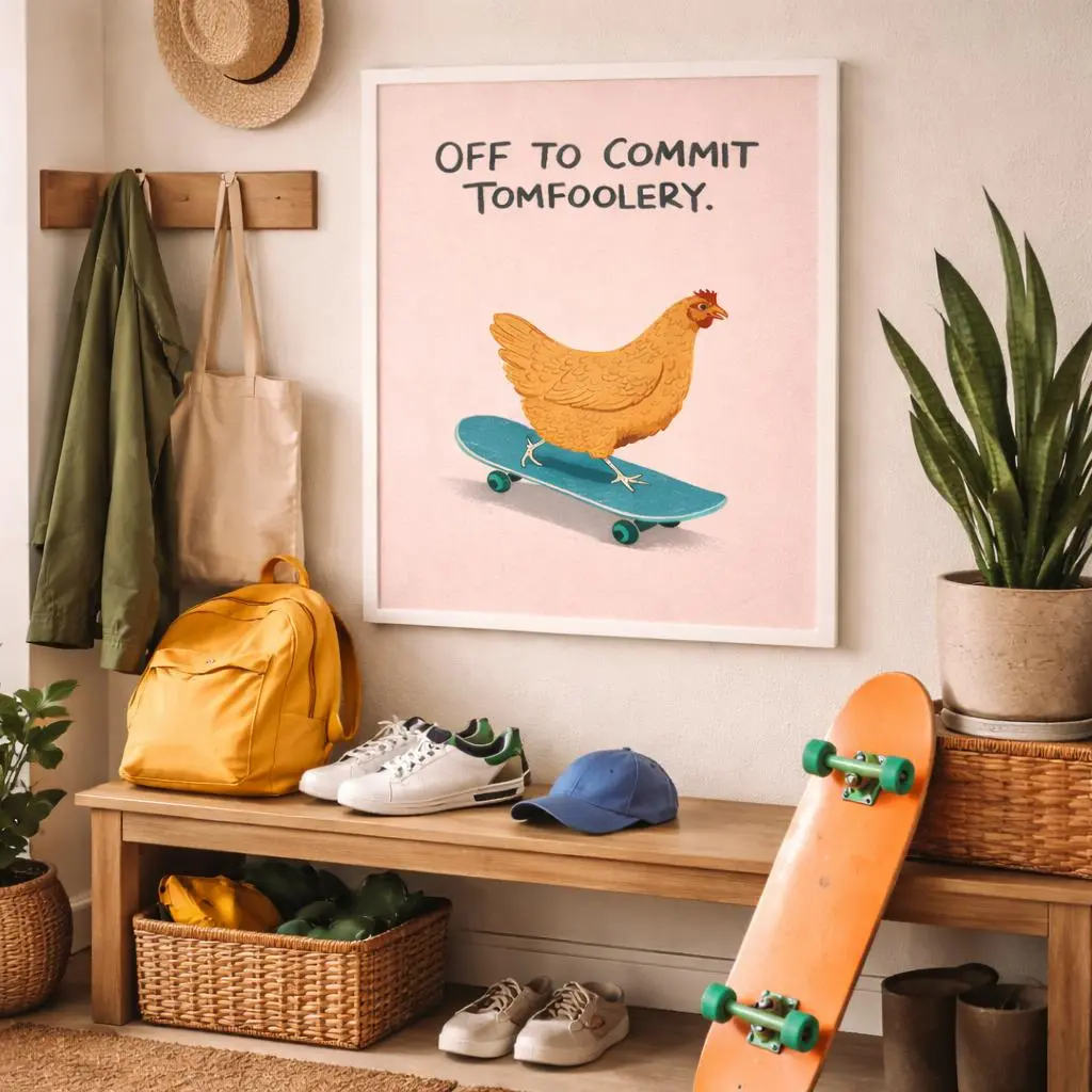Off to Commit Tomfoolery Poster Funny Chicken Wall Art Quirky Humor Print Unframed Gallery Wall Decor Unframed Wall Print