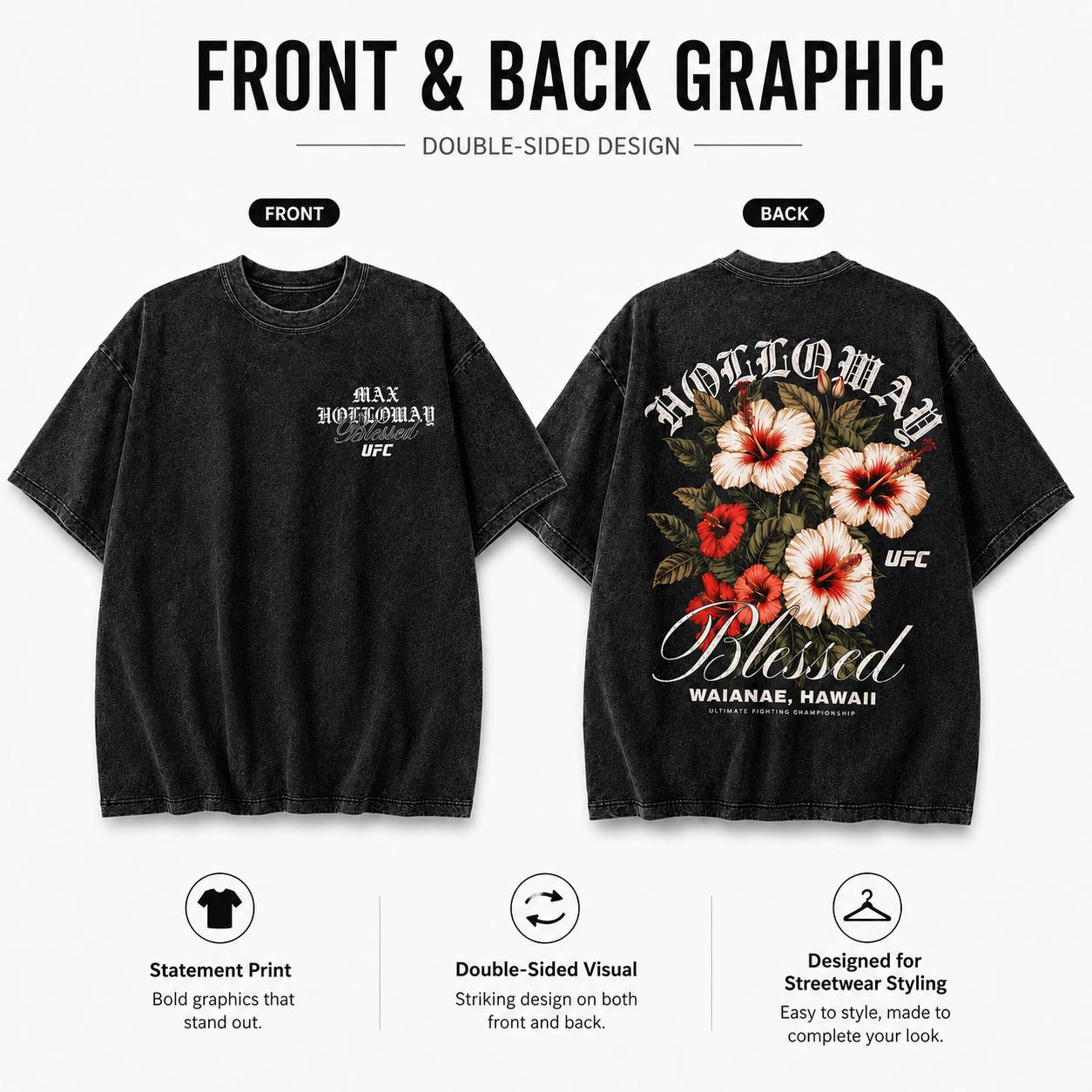Men's Max Holloway Blessed Double-Sided Graphic Casual Short-Sleeve T-Shirt, UFC Hawaiian Floral MMA Fan Vintage Washed Menswear Top