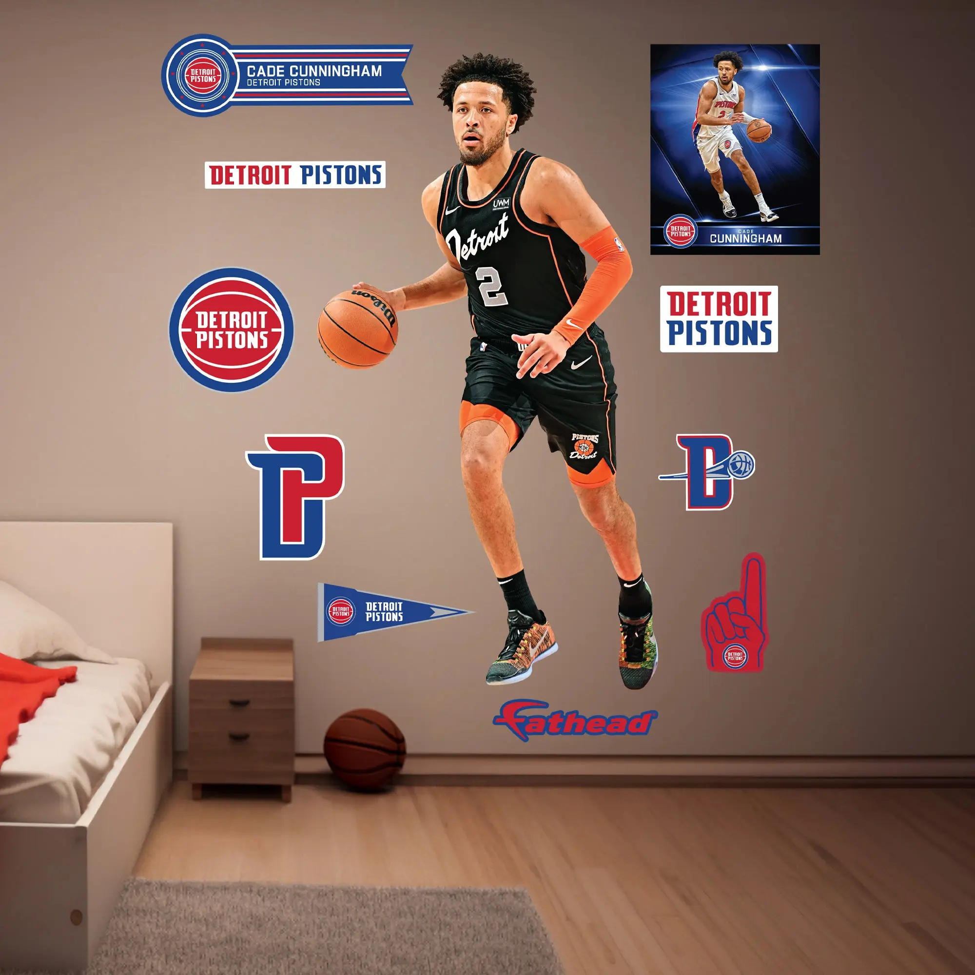 Cade Cunningham #2 Detroit Pistons Official NBA RealBig Collection City Jersey Decorative Vinyl Removable Peel-and-Stick Wall Decor Stickers for Room, Home Decor