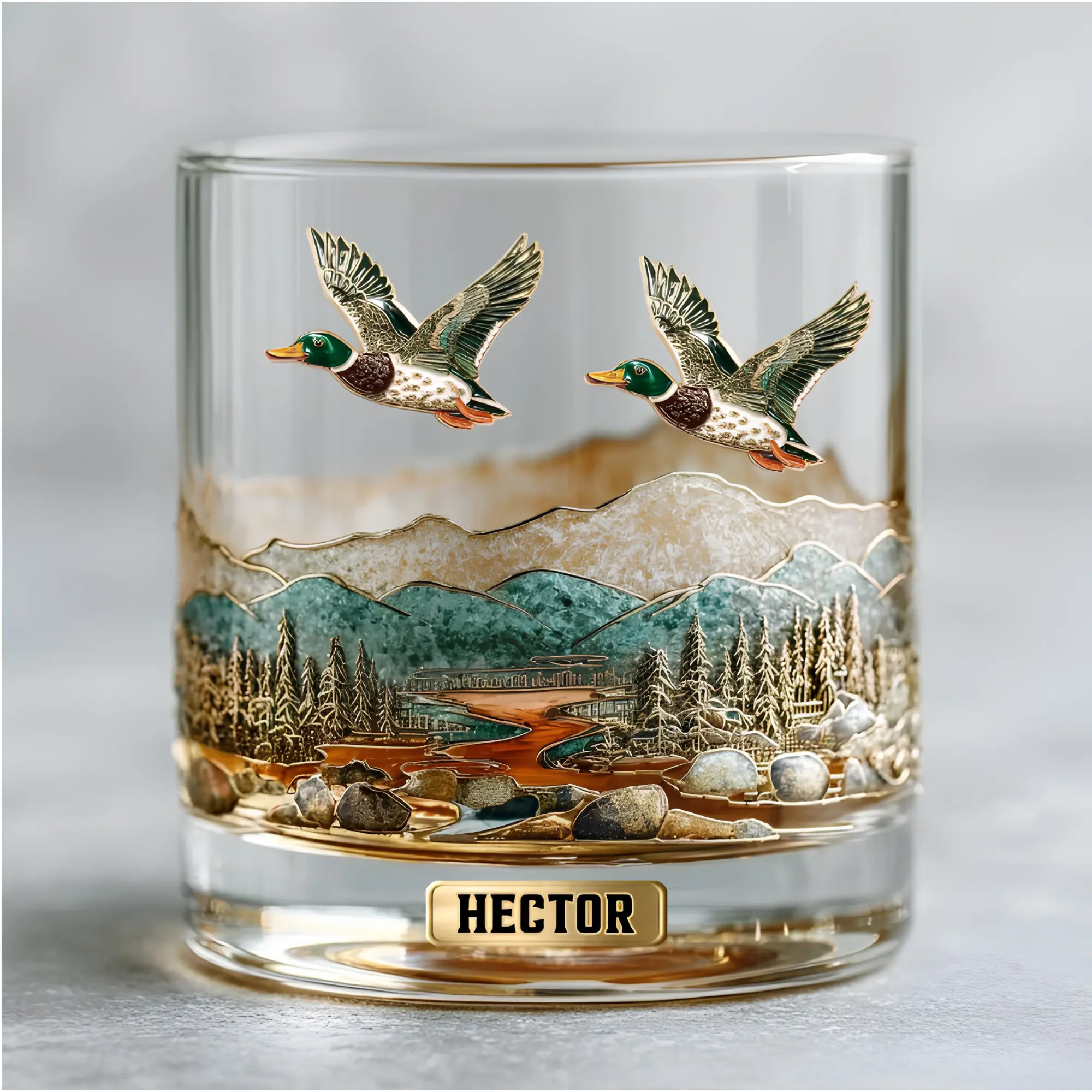 Personalized Duck Hunting Whiskey Glass, Custom Name Bourbon Rocks Glass, Flying Mallard Ducks Mountain Lake Engraved Scotch Glass, Waterfowl Hunter Gift for Dad, Men