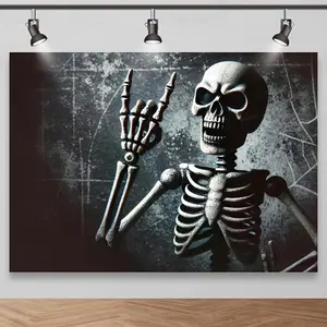 Halloween Skeleton Photography Backdrop, Polyester Spooky Theme Background with Crack Wall and Cobwebs, Classic Pose Skeleton for Halloween Party Photos, Studio Atmosphere, Home Party, Shop Display, and Holiday Decor