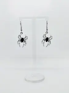 #465 Silvery Spider with Black Marquis Stone Body Earrings, Casual, Insect, Spooky, Alloy, Stainless Steel Hooks, Jewelry