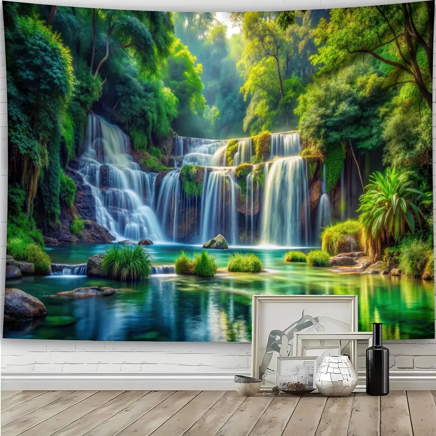 1pc Extra Large Size Green Forest Waterfall Natural Scenery Photo Background Wall Tapestry, Large Size Polyester Wall Hanging Cloth, Living Room Bedroom Office Home Room Party Decoration Live Broadcast Background Cloth, Free Installation Gift