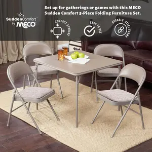 Sudden Comfort 5 Piece 34 x 34 Inch Square Folding Dining Card Table with 4 Padded Folding Chairs Furniture Set for Gatherings and Games, Tan