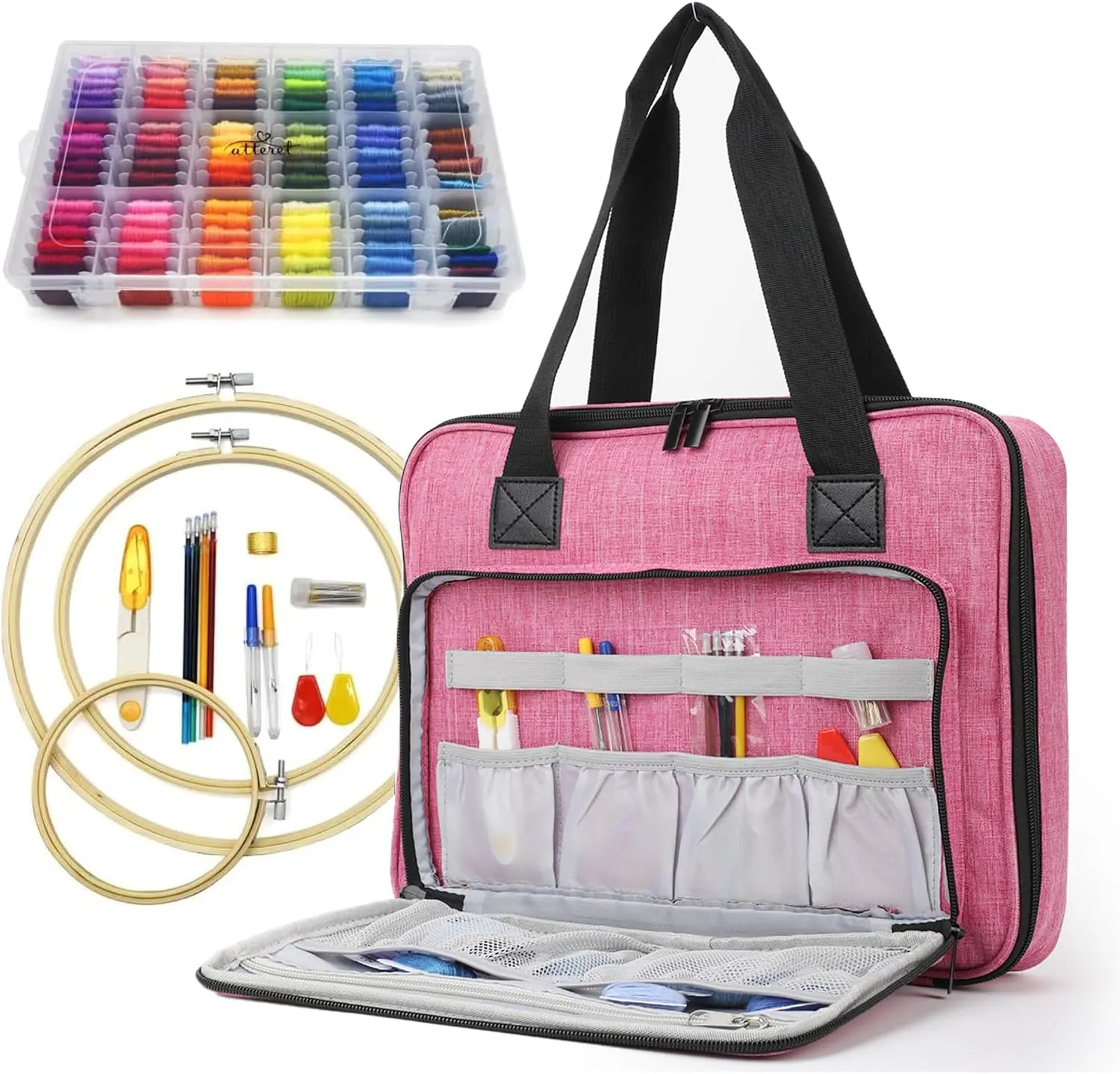 ATTERET Full Range Embroidery & Cross Stitch Starter Kit with Premium Storage Organizer Bag, 99 DMC-Coded Cotton Threads, 9 Metallic Floss, 3 Hoops, Needles, Scissors & More (Pink)