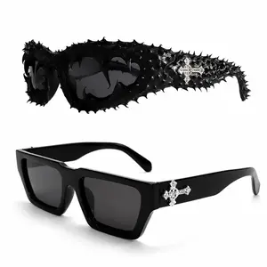 Edgy Spiked Wraparound Sunglasses - Brutalist Textured Frame with Bling Cross Embellishments, UV400 Shades Perfect for Cyberpunk Alt Girl Aesthetic and Festival Statement Looks