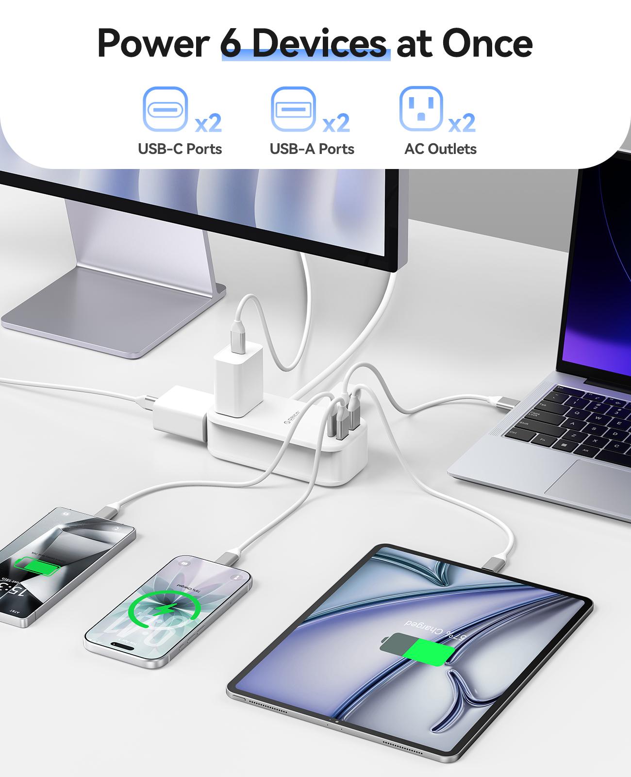 ORICO travel power strip features two USB ports, two side ports, and two Type-C ports, supporting 100W fast charging. Suitable for cruise ships, airplanes, and hotel stays-PP100