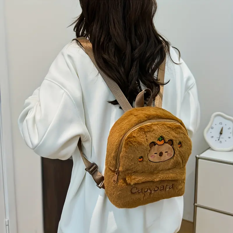 2026 New Women's Plush Faux Fur Capybara Backpack - Animal Print, Adjustable Straps & Large Capacity Khaki College Travel Backpack for School, Day Trips, Birthday Gifts, Casual Daypack |   Youthful Design |   Zipper Closure, Backpack for Travel