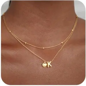Gold Necklace for Women Layered Bubble Heart Letter Initial Necklaces for Women Trendy Jewelry 14K Gold Plated Chain Chunky Name Necklace Stack Charm A-Z Pendant Set Jewelry Gifts