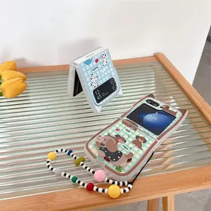 Milk cute cartoon cute Plaid dog phone case for Samsung zflip 6 folding screen zflip 5 Clamshell zflip 4 Bracelet holder zflip 3