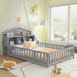 Full-size Montessori Floor Bed with Bookcases and Blackboards, Versatile Platform Beds with Guard rails, Solid Wood Floor Beds with Storage Headboards, Floor Beds for Kids and Teens Grey