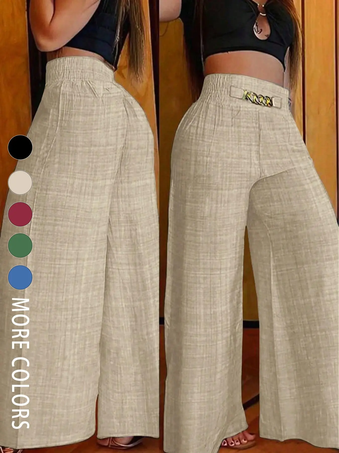 Women's solid color basic zipper accent high-waisted elastic wide-leg baggy trousers Pants, casual fashionable and versatile, suitable for summer and Everyday casual wear Bottoms