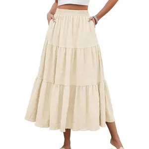 Women's Summer Casual Elegant Smock Layered Tiered Maxi Skirt High Waisted A Line Flowy Long Skirts with Pockets