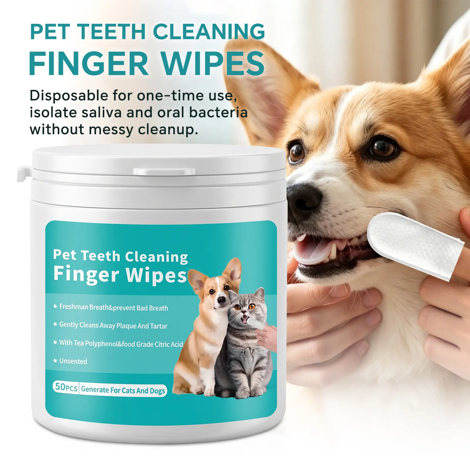 Pet Dental Finger Wipes for Dogs & Cats - Pre-Moistened Oral Care Products with Textured Surface, Disposable for Food Residue Removal & Fresh Breath, 50 Count