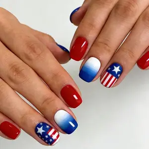 24 Pcs American Independence Day Nail Art, Short Square Flag False Nails, Blue Gradient & Solid Colors, Patriotic Manicure Stickers