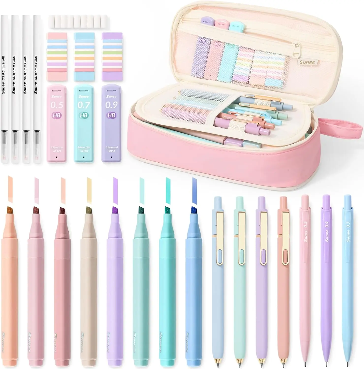 SUNEE 35PCS Aesthetic Backtoschoolshopping Stationery Set - Cute Pencil Case, Pastel Highlighters, Black Gel Pens, Mechanical Pencils, Refills - Pink College School Supplies for Students Girls