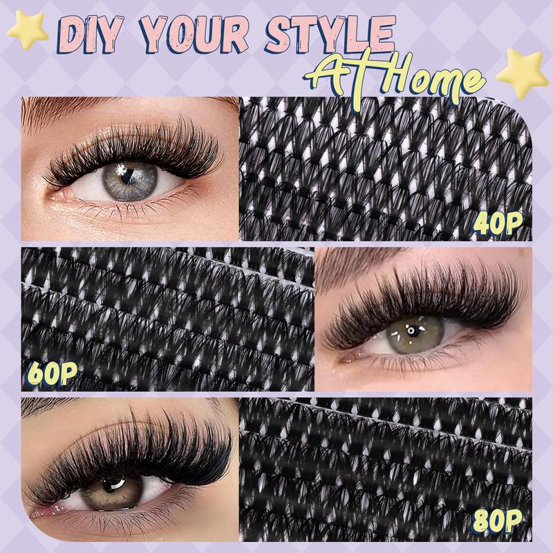 Lash Clusters Kit 840Pcs 10-18mm D Curl Lashes Clusters with Lash Bond&Seal Lash Remover Tweezers Double-Ended Brush DIY At Home(40+60+80D-KIT)