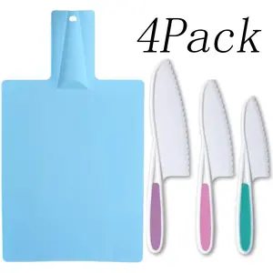 4 Pack Creative Foldable Plastic Cutting Board and Knife,Real Kitchen Tools for Learning to Cook,Easy to Clean,for Kitchen