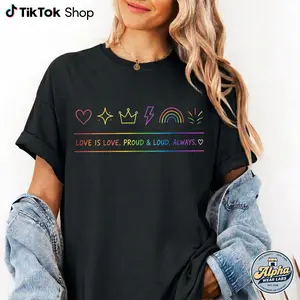 COMFORT COLORS Love Is Love Proud Tee, LGBTQ Pride Shirt Rainbow Graphic Tee Gift for Pride Month Supporters Unisex Casual Streetwear Top, Fabric, Shortsleeve, Everyday, Colorful