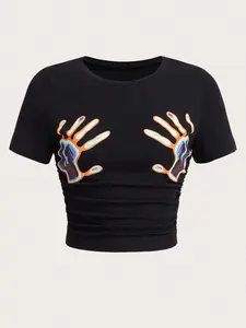 Street Style Streetwear Geometric Print Crop Top Round Neck, Sexy Slim-Fit Summer Women's Short Sleeve Shirt, Casual All-Season Fashion