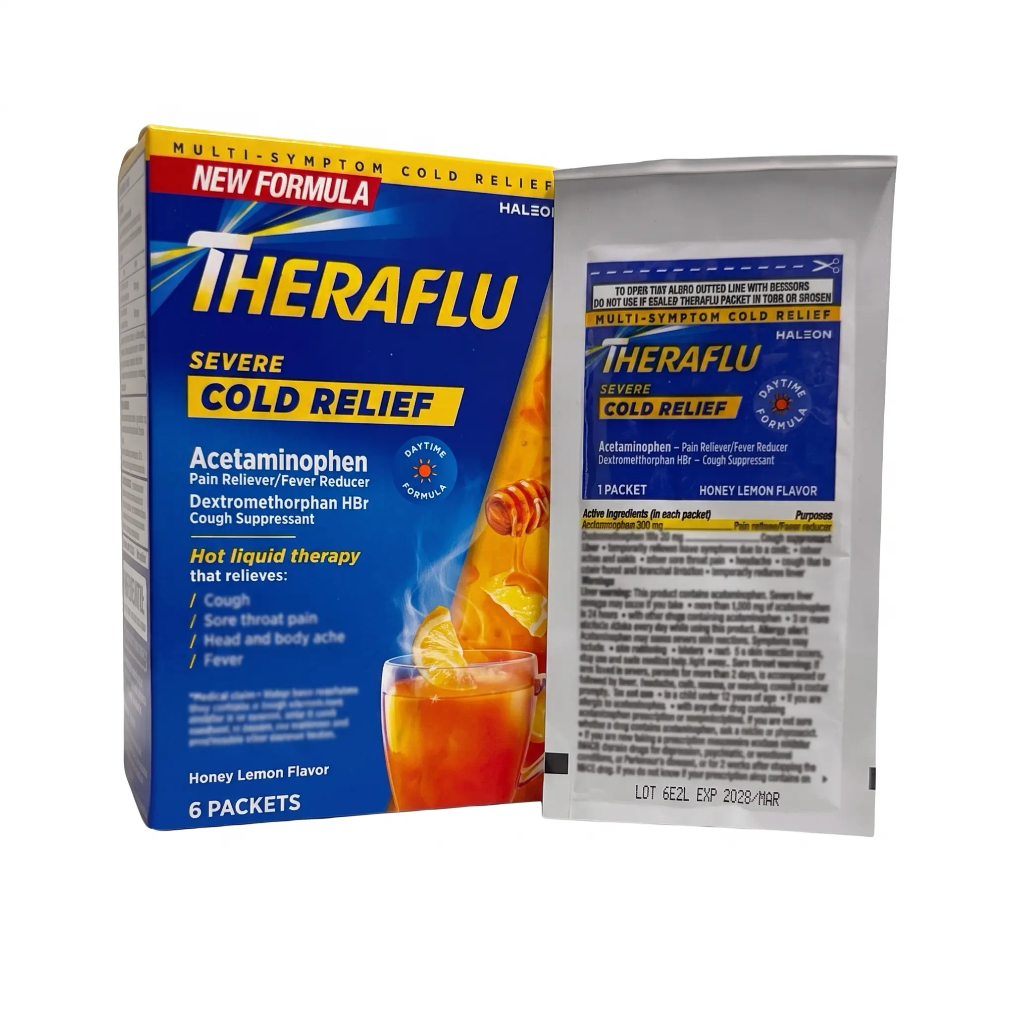 Theraflu Day Honey Lemon Flavor - Instant Beverage Packets for Hot Preparation at Home & Travel - Box of 6 Single-Serve Packets (0.5 oz Each)
