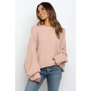 Imily Bela Women’s Oversized Crewneck Sweater – Batwing Puff Long Sleeve, Cable Knit, Slouchy Pullover