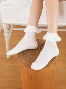 Women's Minimalist Solid Color Lace Socks, Breathable Comfort Knee High Socks, Perfect for Daily Wear and Fashionable Style