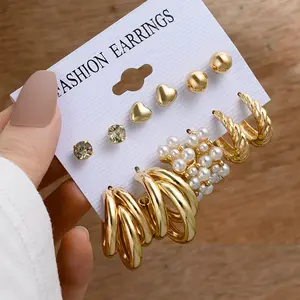 Women's Hoop Hypoallergenic Earring Set, 12-Piece Beads Design, Daily Casual Jewelry, Metal Coating, Geometric Earrings, Gift for Women and Girls